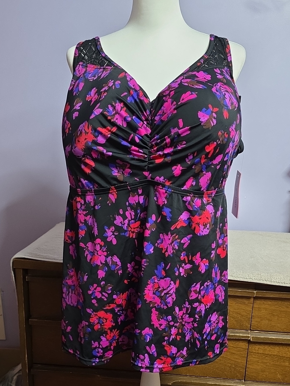 Swimsuits For All Black Floral Tankini with Pink & Purple Blooms